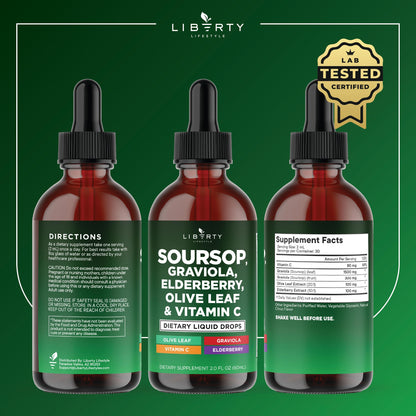 Liberty Lifestyle Soursop Liquid with Soursop Fruit and Leaves, Elderberry, Vitamin C and Olive Leaf - Multimineral & Vitamins Superfood - 4 oz