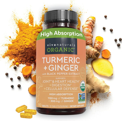 Viva Naturals Turmeric and Ginger Supplement with Black Pepper for Better Absorption - Organic Turmeric Curcumin to Support Joint, Heart and Digestive Health, Non-GMO - 120 Tablets