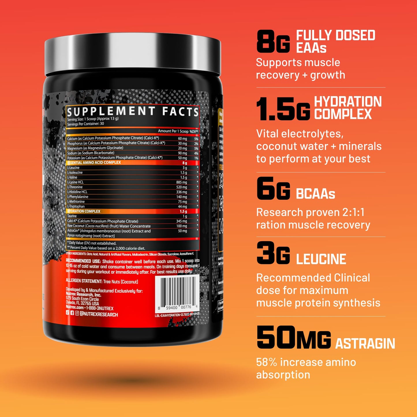 Nutrex Research EAA Hydration | EAAs + BCAA Powder | Muscle Recovery, Strength, Muscle Building, Endurance | 8G Essential Amino Acids + Electrolytes | Strawberry Watermelon 30 Serving