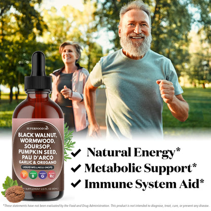 Wormwood Black Walnut Cleanse for Humans Drops Liquid Soursop Garlic Pumpkin Seed PAU D'Arco Oil of Oregano Turmeric Berberine Neem Extract Hull Bark Tincture - 4 oz
