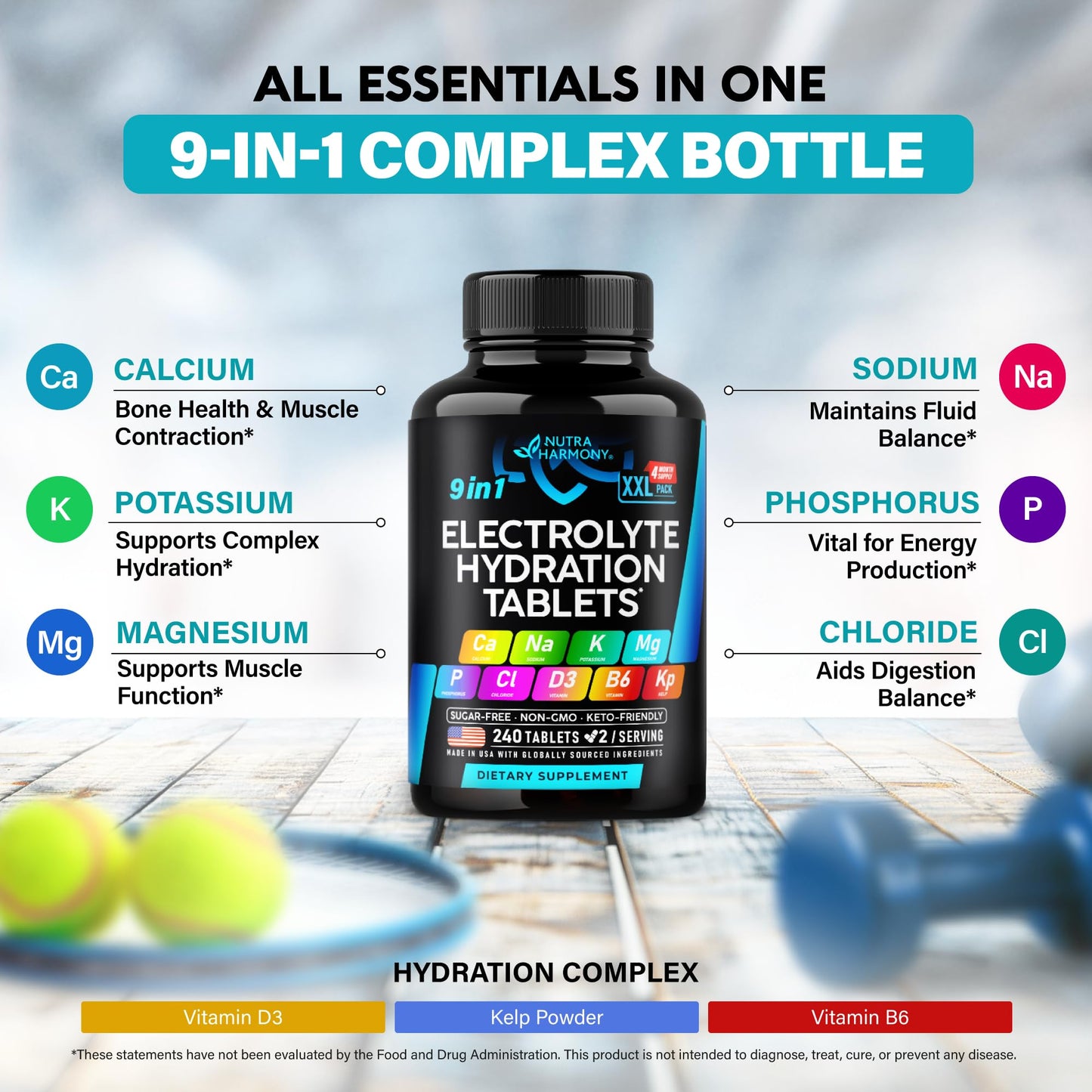 Electrolytes - Electrolyte Tablets with Magnesium, Sodium, Potassium, Chloride, Vitamins D3 & B6, Kelp Powder - Salt Pills - Lab Tested - Oral Tablets as Capsules - Vegan & Keto Friendly - 120 Tabs