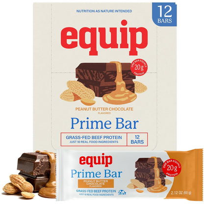 Equip Foods High Protein Prime Bars – Grass Fed Beef Protein, Collagen & Tallow – Gut Friendly, Gluten Free 20g Protein Bars - Only Real-Food Ingredients - Peanut Butter Chocolate, 12 Count