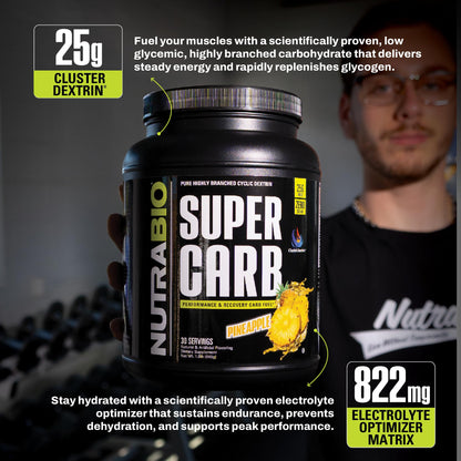 NutraBio Super Carb, Carbohydrate Powder with Cluster Dextrin & Electrolytes, Advanced Carb Supplement Powder for Workout Fuel, Performance, and Muscle Recovery, Cyclic Dextrin, Unflavored, 30 Sv