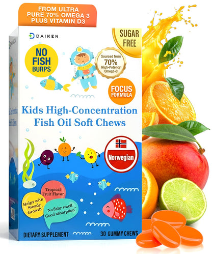 DAIKEN High Concentration Kids Fish Oil Omega-3 Gummies, No Sugar Added, Individually Wrapped, 300 mg Omega-3 (DHA & EPA) with Vitamin D3 for Kid, 30 Count, Tropical Fruit Flavor, Norwegian Sourced