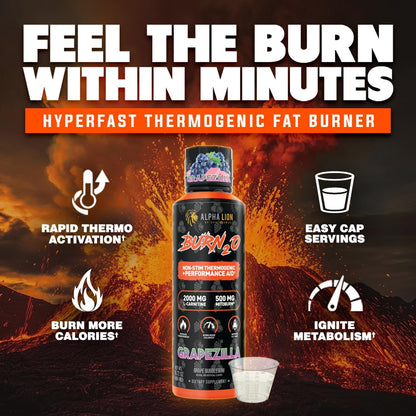 ALPHA LION Burn2O L-Carnitine Liquid 2000mg – Stim Free Super Thermogenic Fat Burner with MitoBurn® & CaloriBurn GP®, Metabolism Booster, Zero Calorie, Sugar-Free (31 Servings, Grapezilla Flavor)