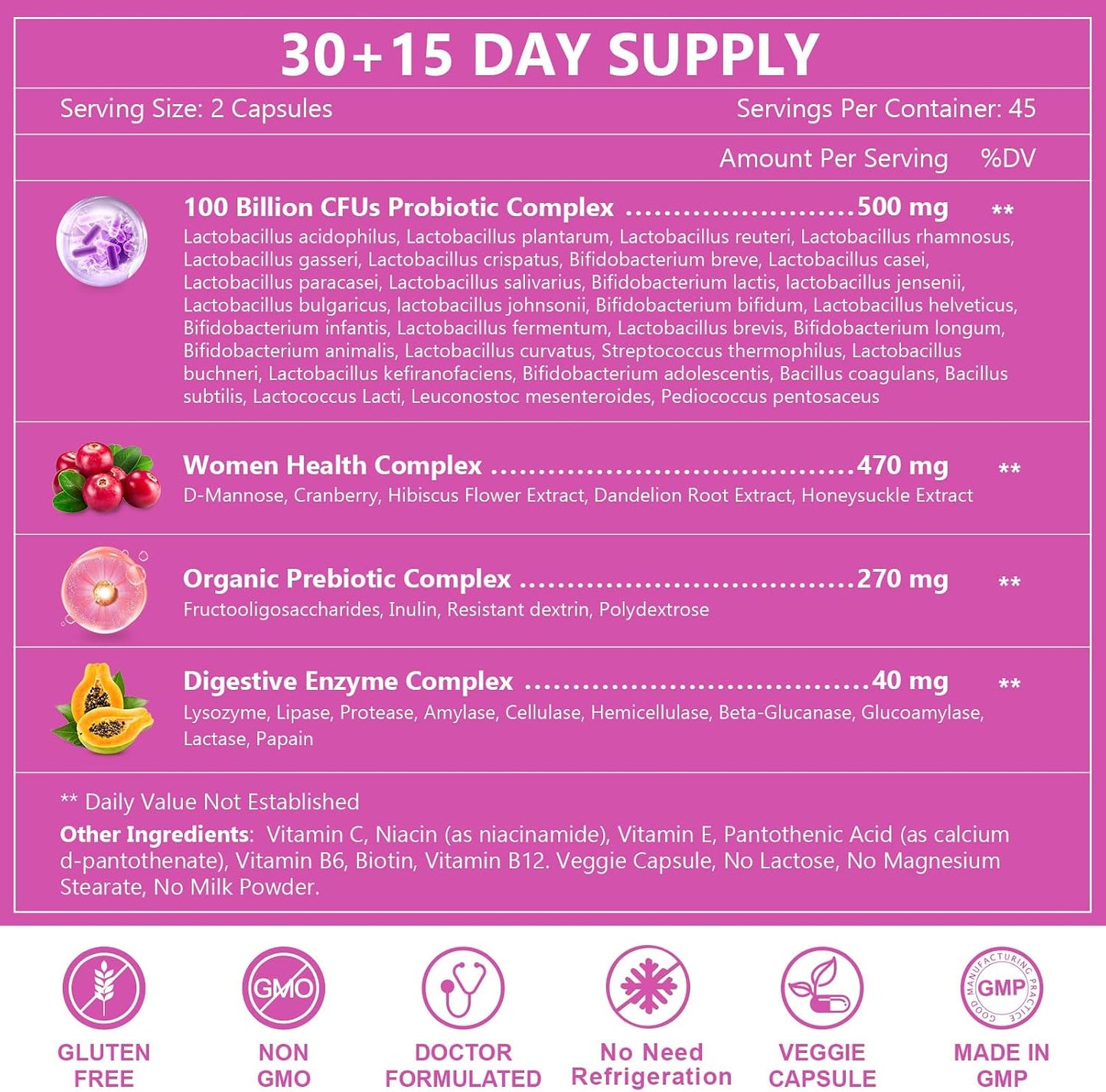 NATURE TARGET Probiotics for Women, 100 Billion CFU, 90 Veggie Capsules | Prebiotics & Enzymes Support Digestive Health & Gut Balance, With Cranberry For Vaginal & Urinary Tract Health, Shelf-Stable