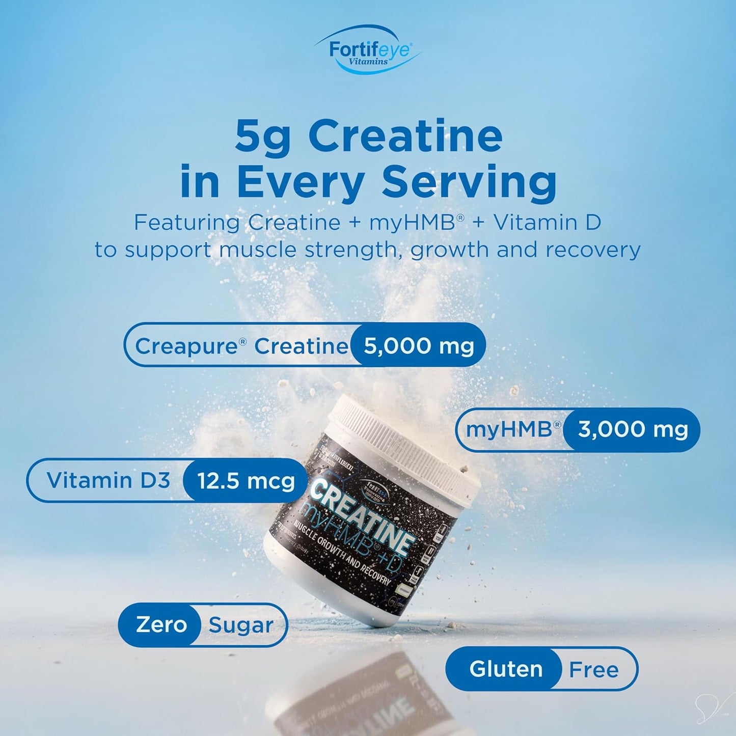 Fortifeye Creatine Monohydrate Powder 30 Servings, Creapure Supplement with myHMB 3000mg and Vitamin D 12.5mcg, 5g Pure Formula for Daily Strength Training, Muscle Support and Performance for Adults