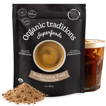 Organic Traditions Mind Fuel Instant Mushroom Coffee Alternative, Caffeine Free Lion’s Mane and Maca Herbal Drink with Dandelion, Chicory, Roasted Grain Blend, Natural Focus Support, 140g / 5oz