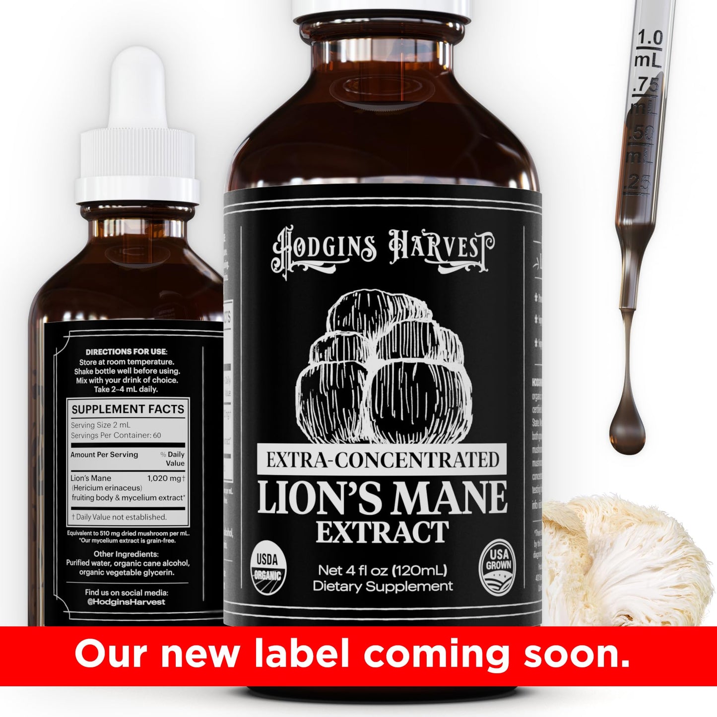 Hodgins Harvest Organic Lion's Mane Fruiting Body Extract Tincture - Mushroom Supplement for Brain Health and Mental Focus - Dual Extract Formula - Extra Concentrated - 4 fl oz Bottle