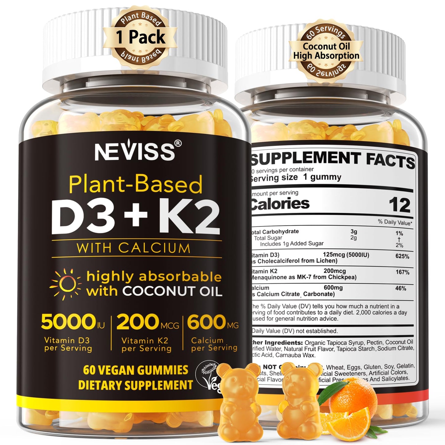 Vitamin D3 K2 Gummies - Vitamin D3 5000iu & K2 Vitamin 200mcg + Calcium 600mg for Adults & GLP-1 Friendly, with Coconut Oil for High Absorption, Support for Bone Muscle Teeth Immune, Vegan 120Count