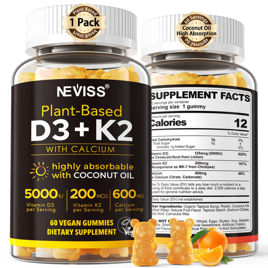 Vitamin D3 K2 Gummies - Vitamin D3 5000iu & K2 Vitamin 200mcg + Calcium 600mg for Adults & GLP-1 Friendly, with Coconut Oil for High Absorption, Support for Bone Muscle Teeth Immune, Vegan 120Count