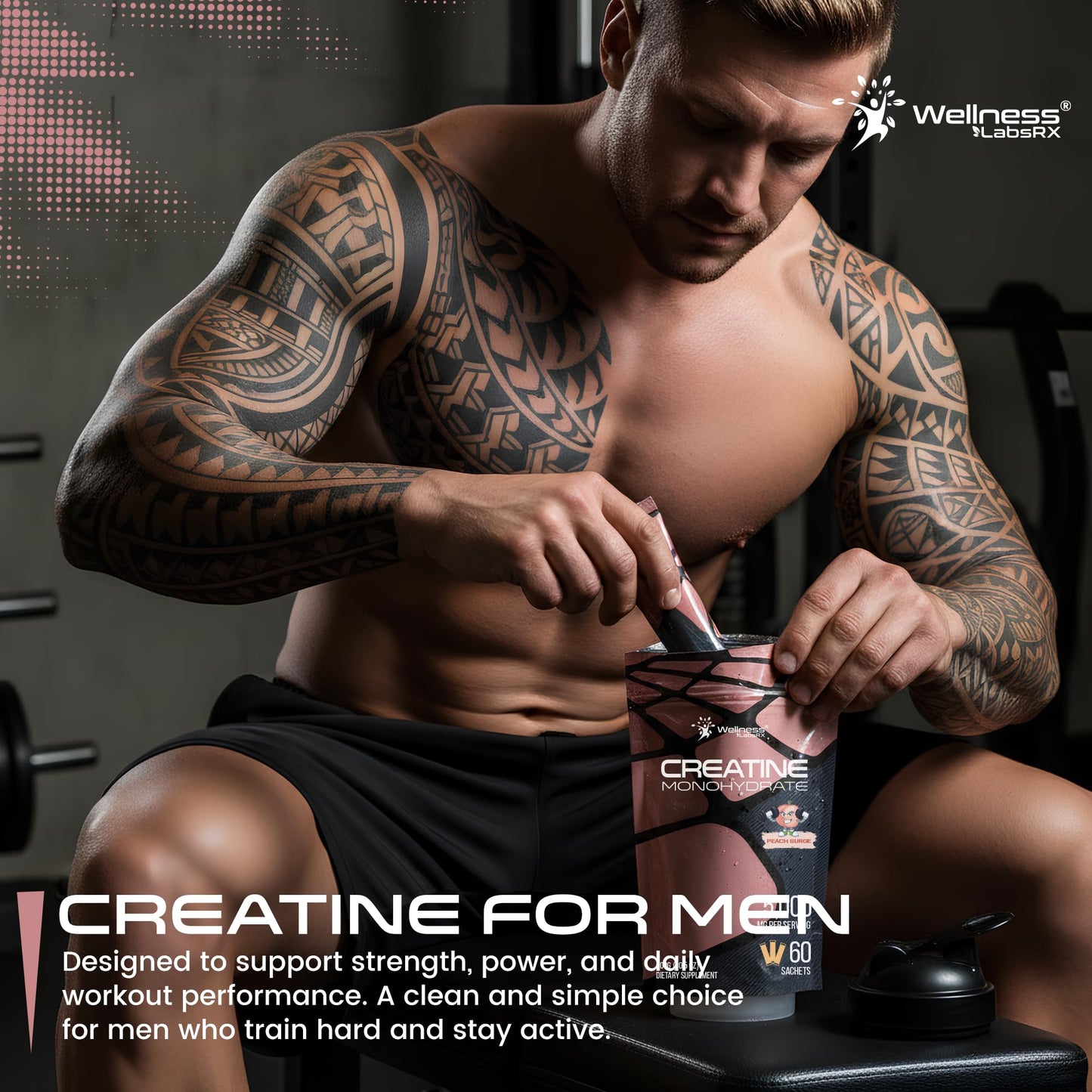 WELLNESS LABSRX Creatine Monohydrate Powder Sachets 300g – Fruit Punch Flavor Micronized Creatine Powder Supplement, Creatine for Women and Men, Supports Strength, Energy, Performance - 60 Servings