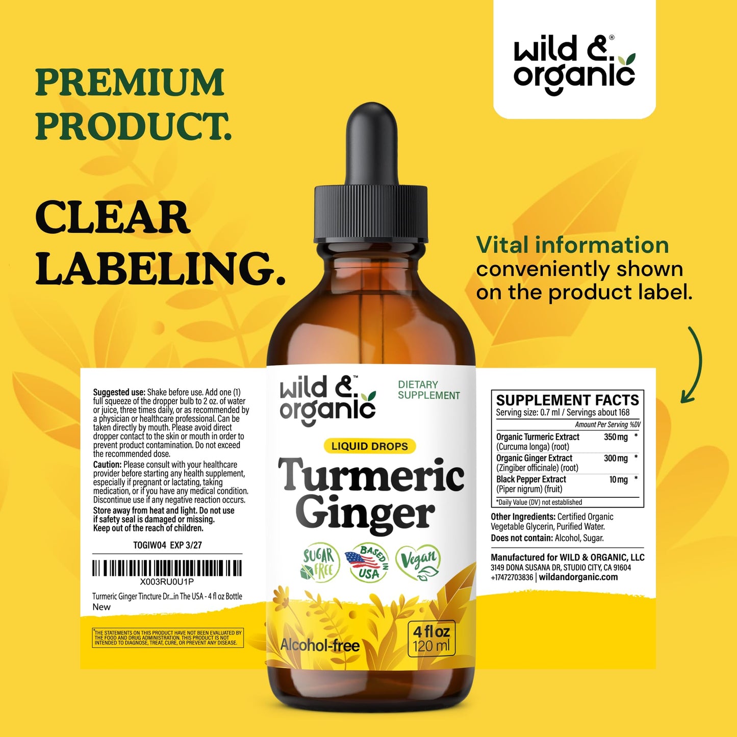 Wild & Organic Turmeric and Ginger Supplement - Movement & Immune Support - Liquid Turmeric Curcumin with Black Pepper and Ginger - Add to Tea Drops - Vegan, Sugar & Alcohol-Free Tincture - 4 oz
