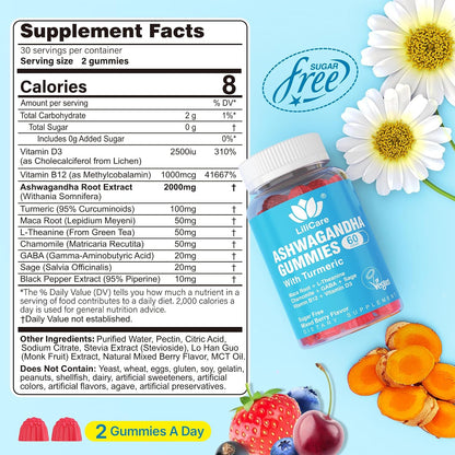 Ashwagandha Gummies 2000mg for Women Men - Sugar Free, Vegan - Organic Ashwagandha Root Extract Supplements Gummy & Vitamin D3, B12 and Turmeric, Promote Relaxation, Mixed Berry Flavor, 120 Count