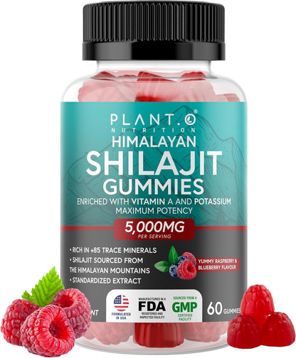 Shilajit Gummies for Men & Women | 5000mg Extra Stength Pure Himalayan Extract 100% Natural Raspberry Flavor | 85+ Trace Minerals & Fulvic Acid to Enhance Energy and Immune Support, 60 Ct