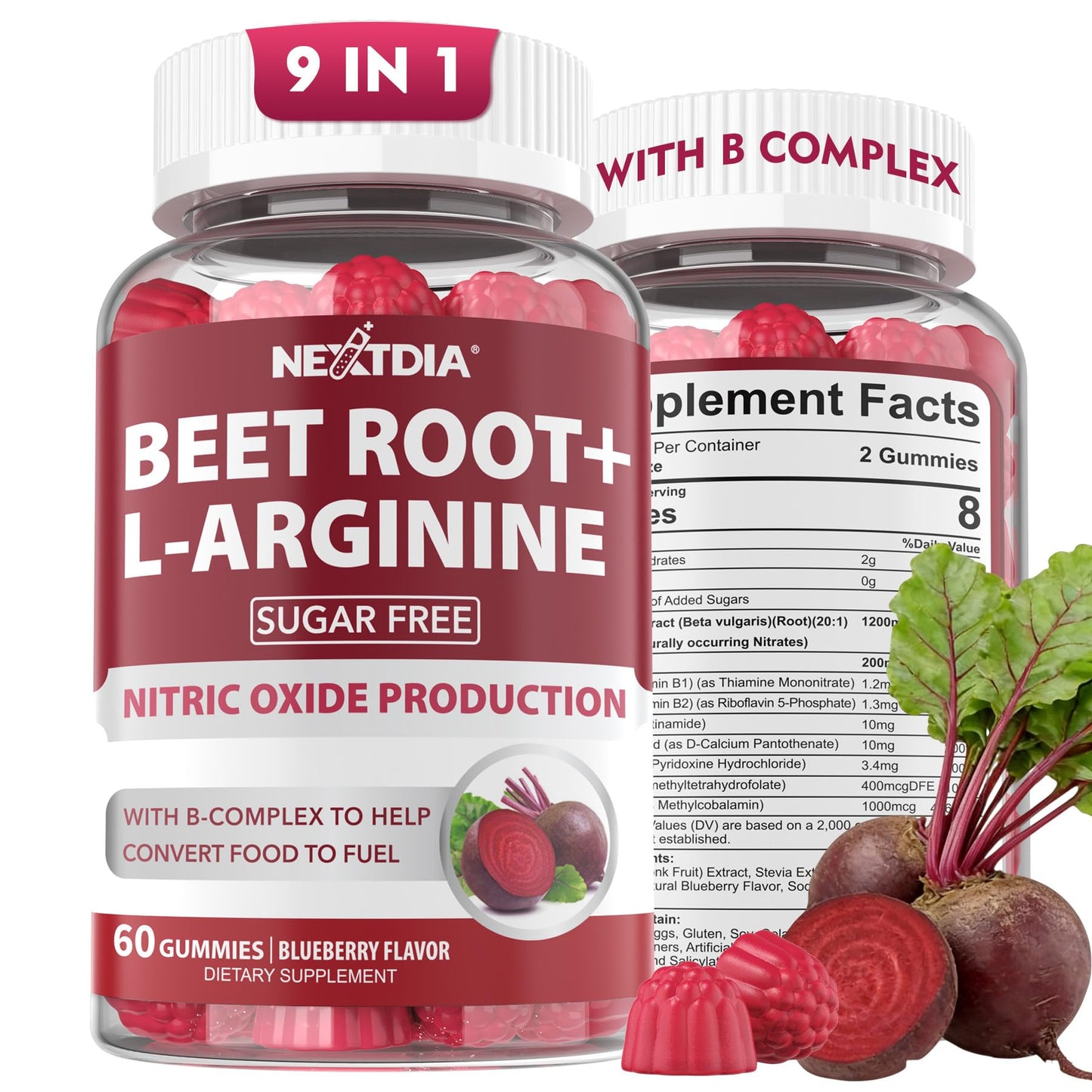 Beet Root Gummies, 9 IN 1 Nitric Oxide Supplements for Men & Women w/ L-Arginine, B1, B2, B3, B5, B6, Folate, B12, Sugar Free Beetroot Gummies for Energy Boost & Circulation, 120 Beet Chews, Vegan