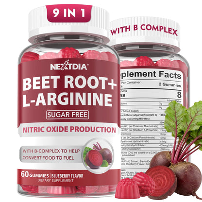 Beet Root Gummies, 9 IN 1 Nitric Oxide Supplements for Men & Women w/ L-Arginine, B1, B2, B3, B5, B6, Folate, B12, Sugar Free Beetroot Gummies for Energy Boost & Circulation, 120 Beet Chews, Vegan