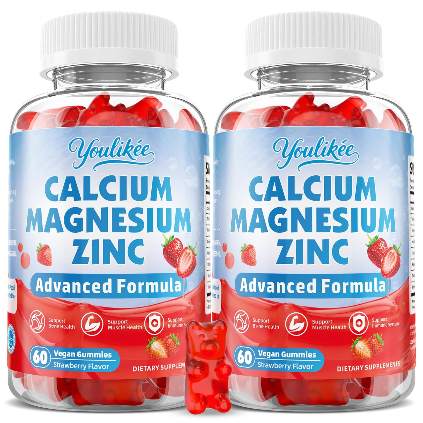 Calcium Magnesium Zinc Gummies for Adult, Calcium Citrate with Vitamin D3 | High Absorption Calcium Magnesium Supplement for Women & Men, Sugar-Free, Strawberry Flavor, 60 Count