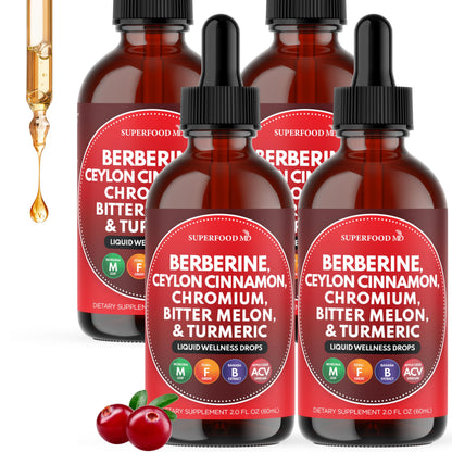 Berberine with Ceylon Cinnamon Supplement Liquid Drops + Bitter Melon Extract, Glucomannan, Gymnema, Chromium, Turmeric, Organic Panax Ginseng, Moringa 4oz