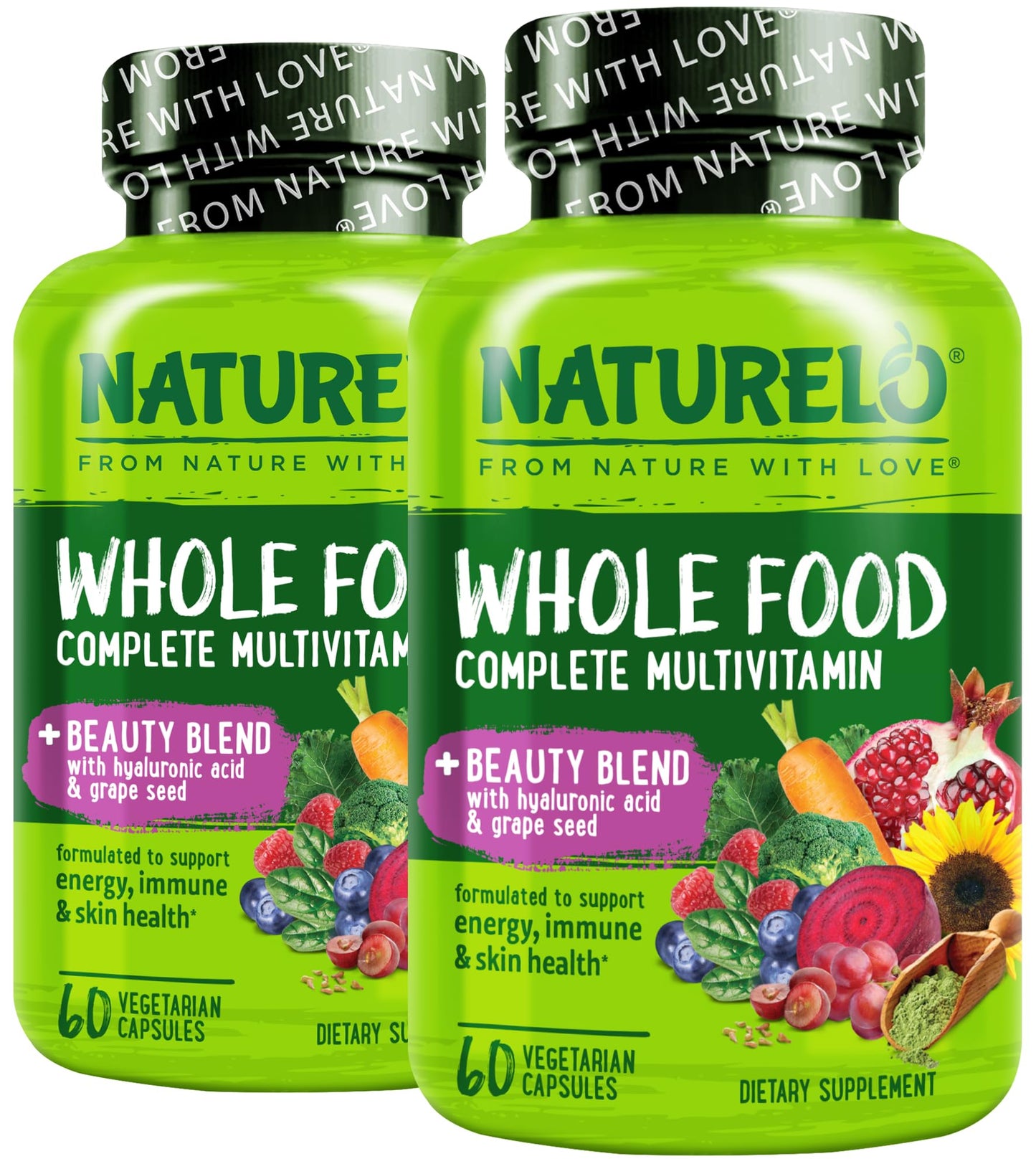 NATURELO Whole Food Multivitamin with Extra Hair, Skin and Nails Support - Beauty Blend with Hyaluronic Acid & Grape Seed - High Potency Biotin, Vitamin C, and Glutathione - 60 Vegan Capsules