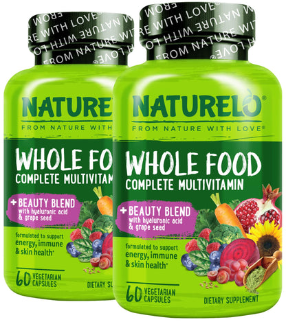 NATURELO Whole Food Multivitamin with Extra Hair, Skin and Nails Support - Beauty Blend with Hyaluronic Acid & Grape Seed - High Potency Biotin, Vitamin C, and Glutathione - 60 Vegan Capsules