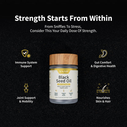 Snap Supplements Black Seed Oil for Immune Health, 90 Softgel Capsules | 100% Cold Pressed Black Cumin Seed Oil, Supports Immune Health, Detox, Skin, Hair, Joints & Overall Wellness