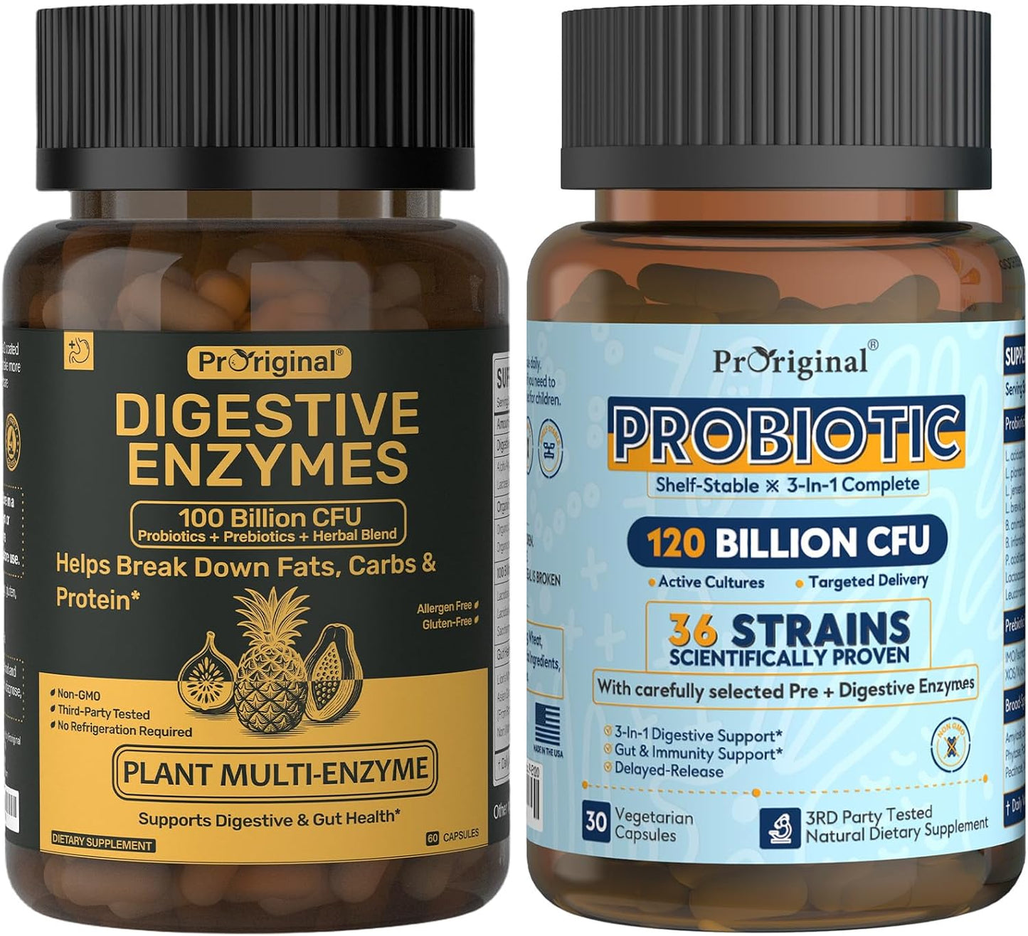 Probiotics & Digestive Enzymes Bundle – 120 Billion CFU, 36 Probiotic Strains + Multi-Enzyme Complex for Men & Women – Supports Digestive Balance, Gut Health & Nutrient Absorption – Vegan, Non-GMO, 90