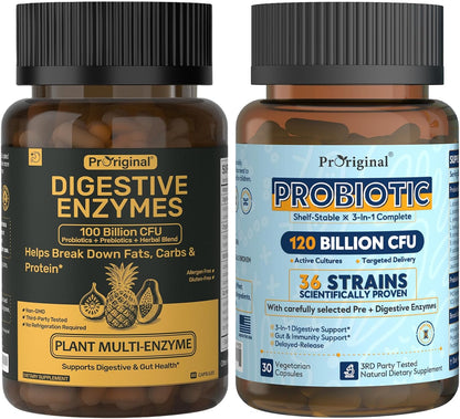Probiotics & Digestive Enzymes Bundle – 120 Billion CFU, 36 Probiotic Strains + Multi-Enzyme Complex for Men & Women – Supports Digestive Balance, Gut Health & Nutrient Absorption – Vegan, Non-GMO, 90