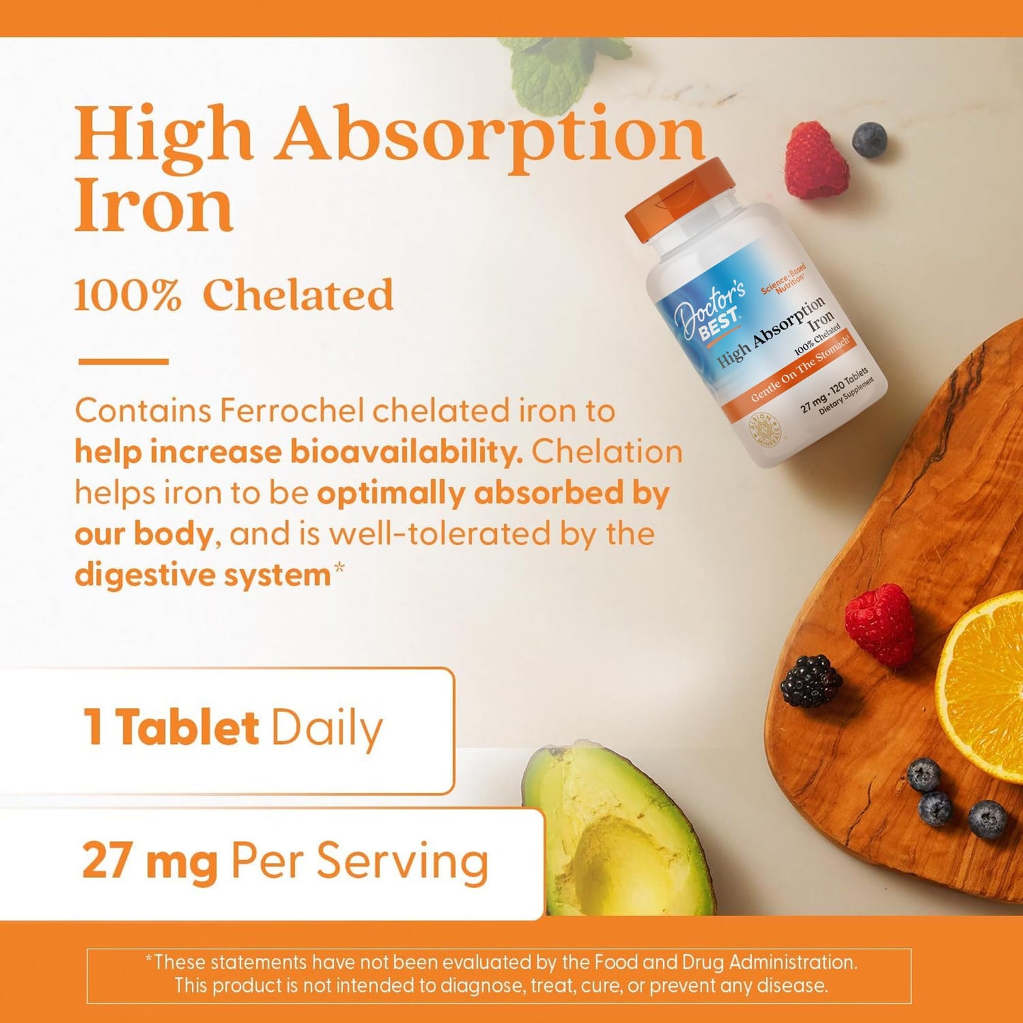 Doctor's Best High Absorption Iron Tablet with Ferrochel, Gentle on The Stomach, Immune Health, Blood Health, 27 mg