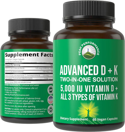 Peak Performance Advanced Vitamin D 5000 IU with All 3 Types of Vitamin K Vitamin D3 and Vitamin K2, K1, MK-7 (MK7), MK4 Supplement - 60 Small and Easy to Swallow Vegetable Capsules