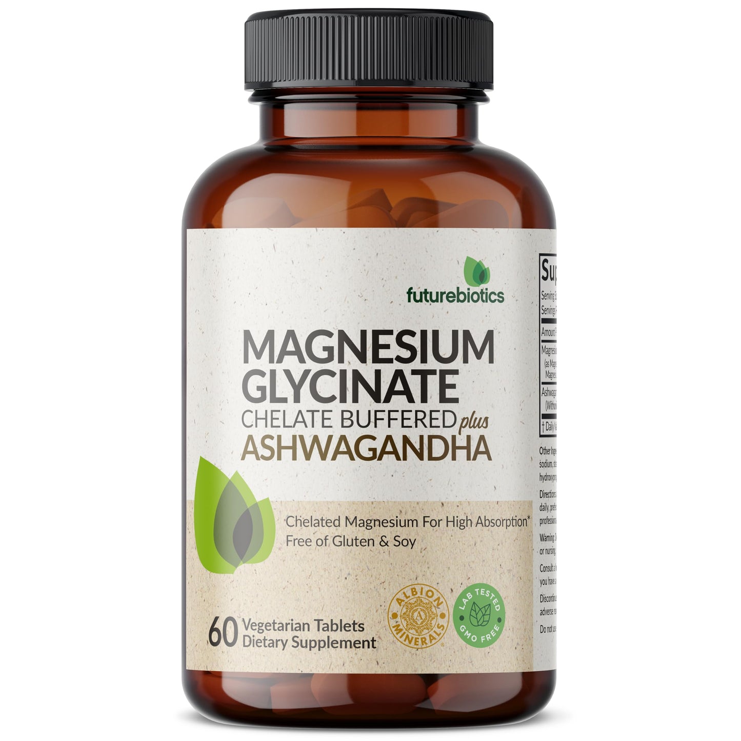 Futurebiotics Magnesium Glycinate + Ashwagandha, 60 Tablets | 2-in-1 Stress & Mood Support, High Absorption, Gentle On The Stomach, Non-GMO, Gluten Free, Soy Free