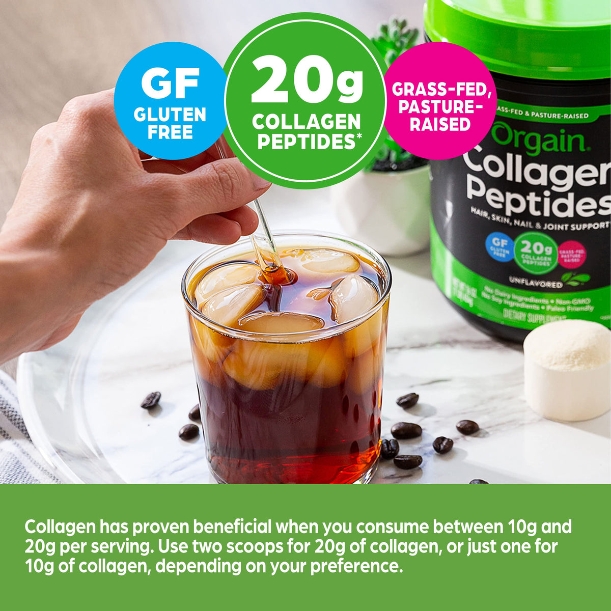 Orgain Hydrolyzed Collagen Peptides Powder, 20g Grass Fed Collagen - Hair, Skin, Nail