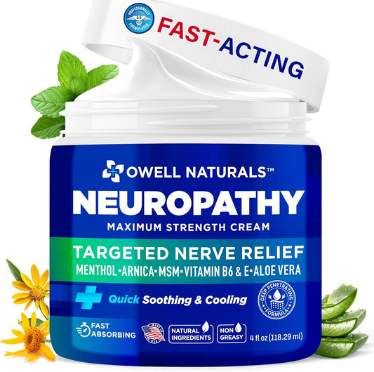 Owell Naturals Neuropathy Cream Extra Strength – Fast Absorbing Cooling for Leg, Feet & Hands – Advanced Soothing Formula with Aloe Vera, Arnica, MSM & Vitamin B6 – Made in USA, 2 fl oz