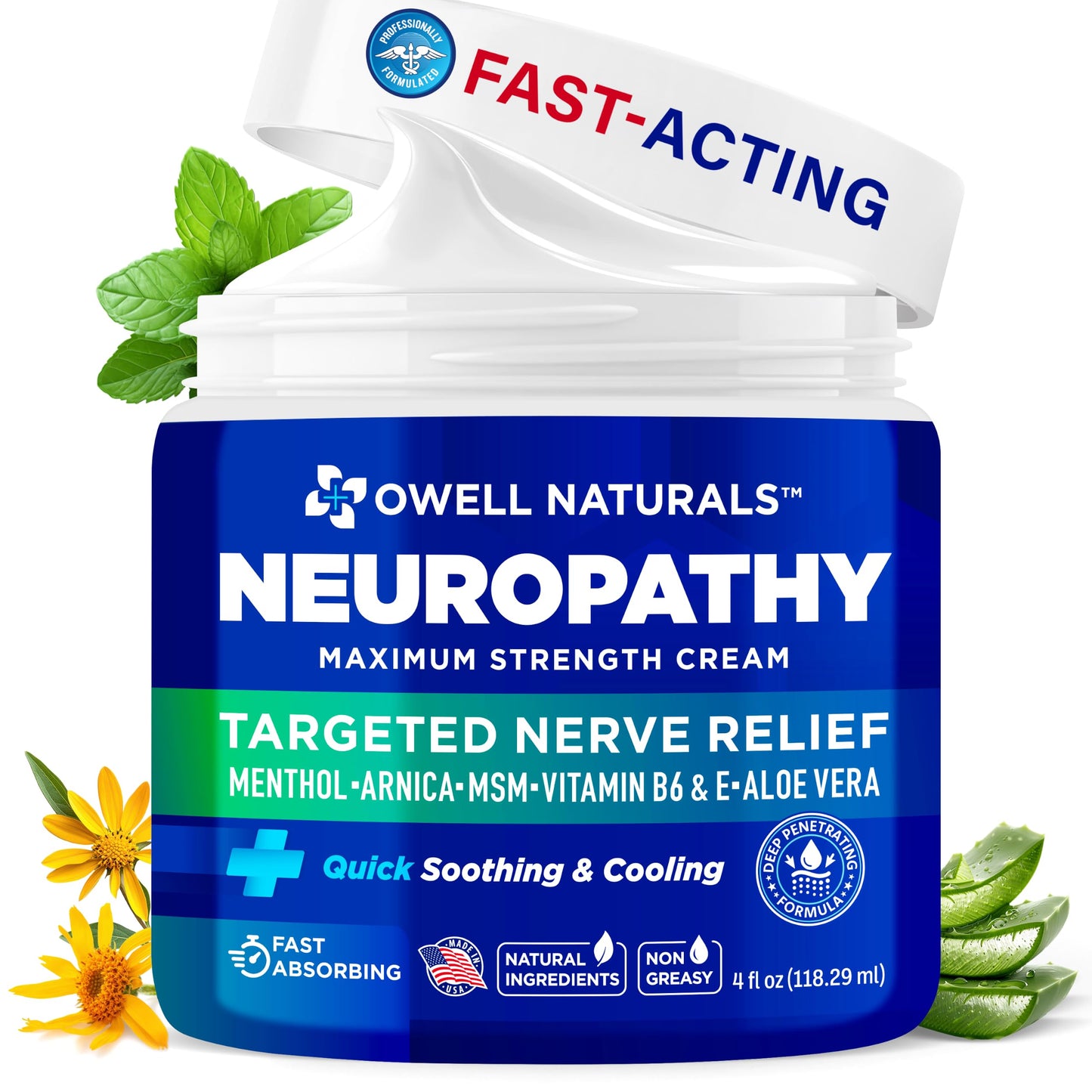 Owell Naturals Neuropathy Cream Extra Strength – Fast Absorbing Cooling for Leg, Feet & Hands – Advanced Soothing Formula with Aloe Vera, Arnica, MSM & Vitamin B6 – Made in USA, 2 fl oz