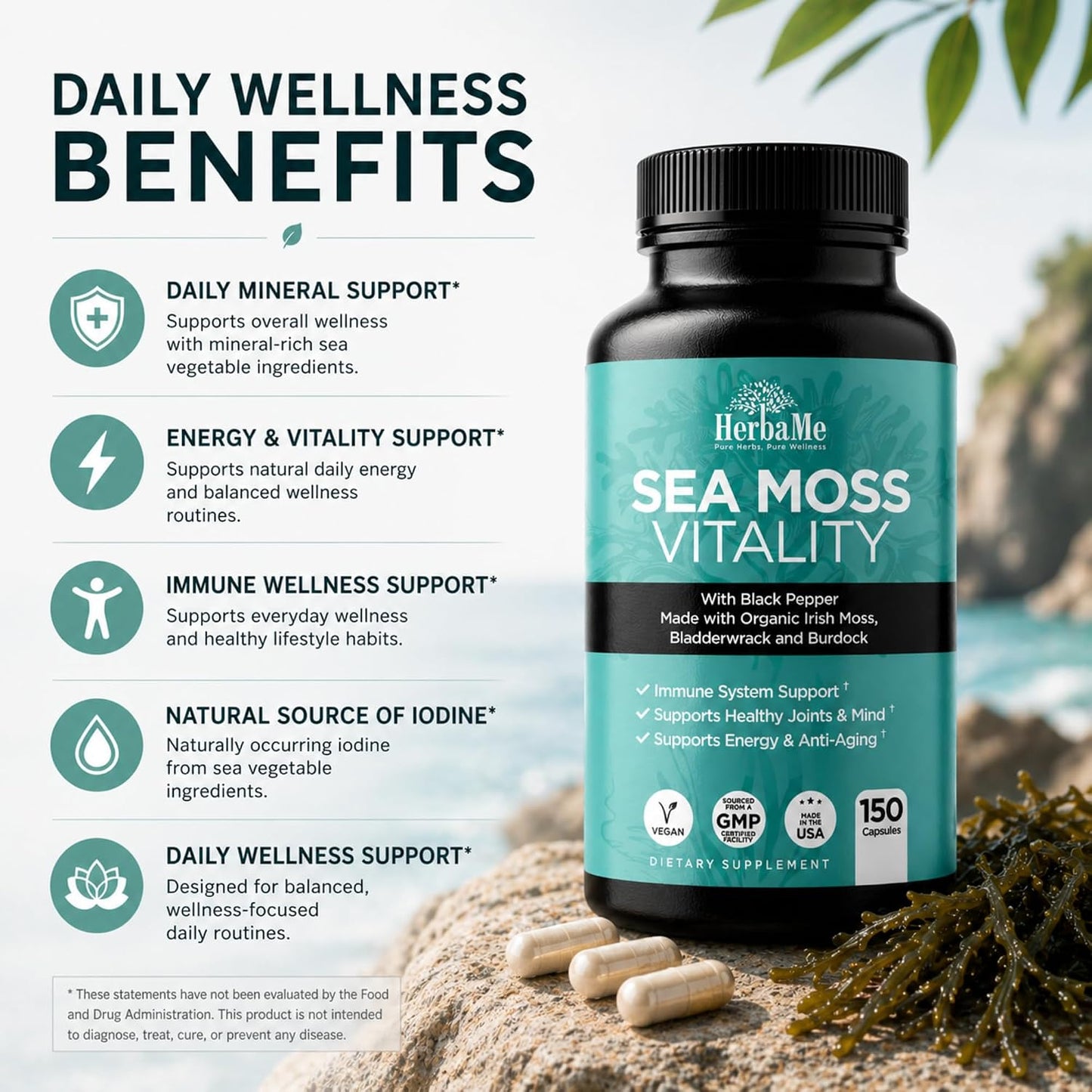 HerbaMe Organic Sea Moss Supplement with Bladderwrack & Burdock Root, Irish Moss with Black Pepper Extract, Daily Mineral Support for Energy & Wellness, Immune Support for Men & Women, 150 Capsules