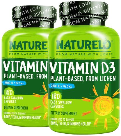NATURELO Vitamin D - 2500 IU - Plant Based from Lichen - Natural D3 Supplement for Immune System, Bone Support, Joint Health - Vegan - Non-GMO - Gluten Free - 180 Capsules