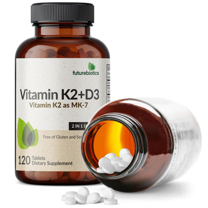 Futurebiotics Vitamin K2 with D3, 2 in 1 Support, 5000 IU Vitamin D3 & 90 mcg Vitamin K2 MK-7 Non-GMO, 120 Tablets