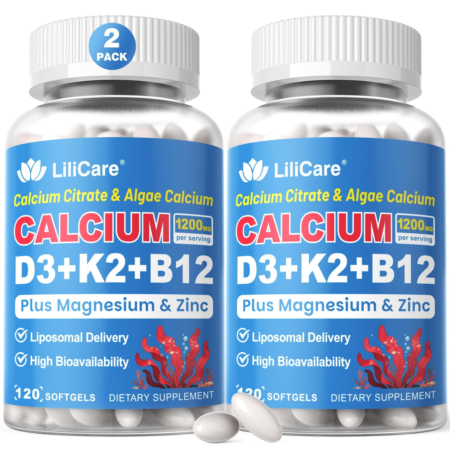 Calcium 1200 mg with Vitamin D3 K2 5000 IU Softgels Supplement for Women Men - Liposomal Calcium Citrate & Algae Calcium Magnesium Zinc + D3 K2 B12, Plant-Based Vegan Vitamin D, Boron for Bone,120ct