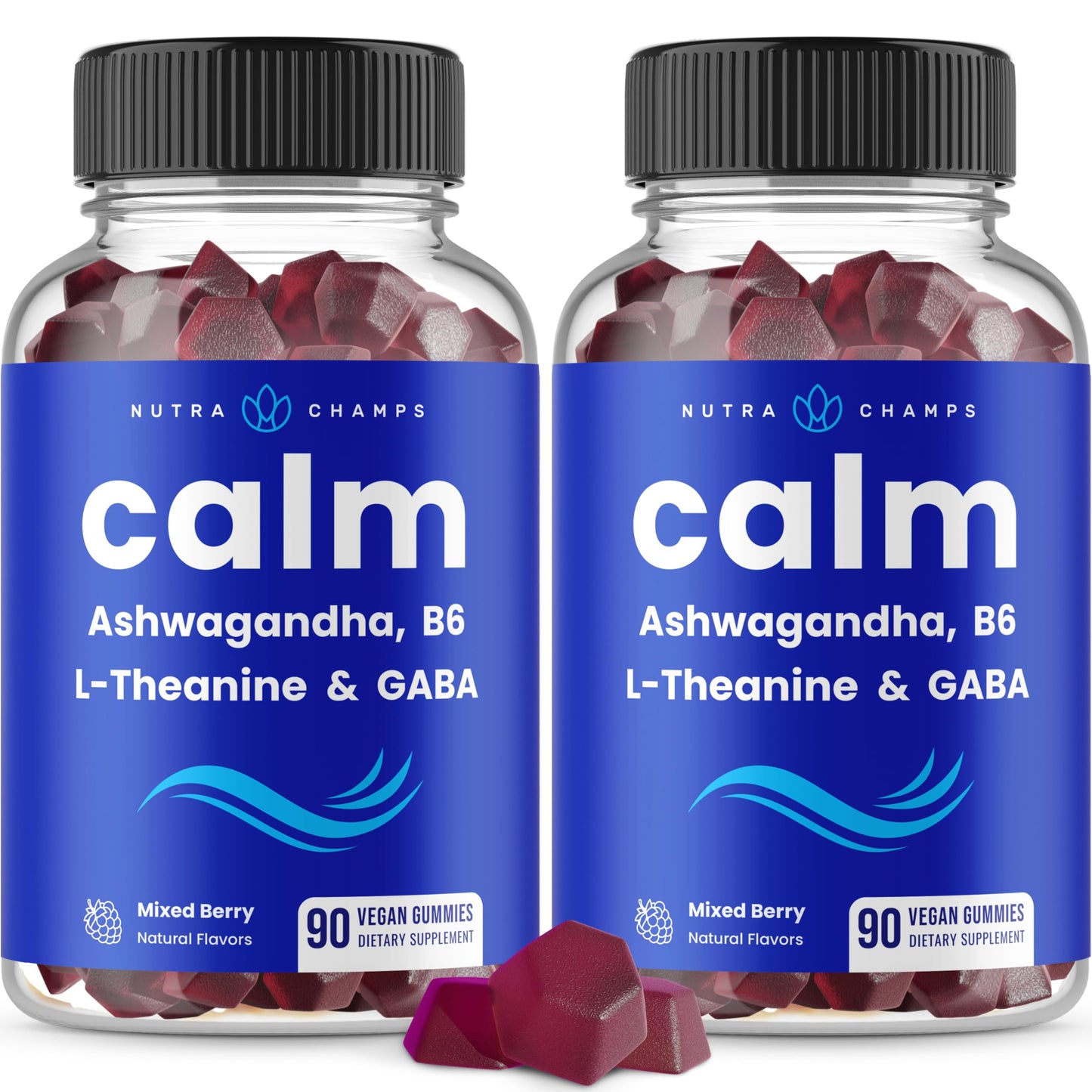 NutraChamps Calm Gummies, Stress Gummies Supplement with Ashwagandha, L-Theanine, GABA, Vitamin B6 & Lemon Balm, Supports Mood, Focus & Stress Relief, Natural Berry, 90 Gummies