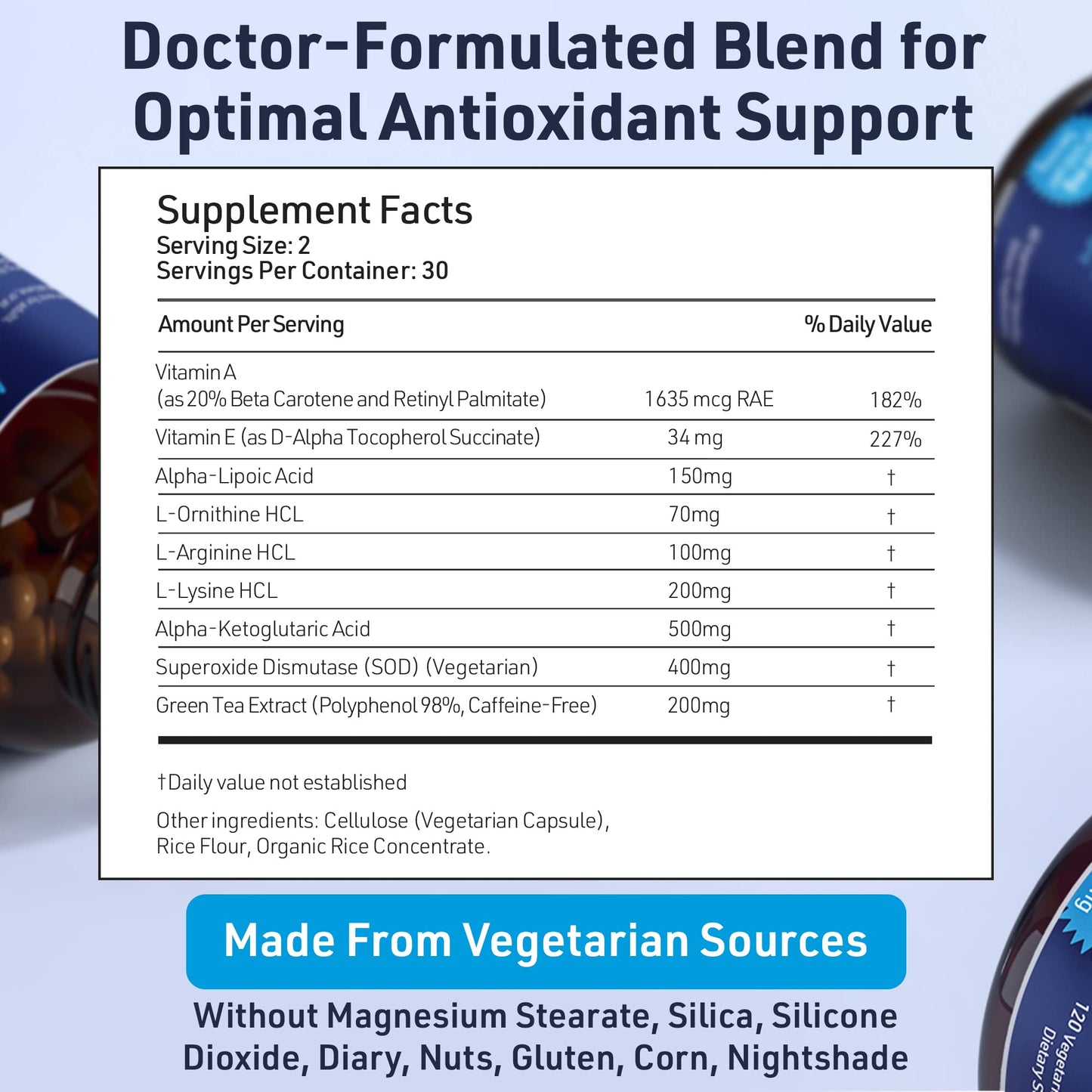 SOD Antioxidants Complex Healthy Aging Supplement - 400mg of Superoxide Dismutase - Alpha Lipoic Acid - Green Tea Extract - L-Arginine - Lysine - AKG - Vitamins A and E for Immune Support-120 Capsules