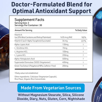 SOD Antioxidants Complex Healthy Aging Supplement - 400mg of Superoxide Dismutase - Alpha Lipoic Acid - Green Tea Extract - L-Arginine - Lysine - AKG - Vitamins A and E for Immune Support-120 Capsules