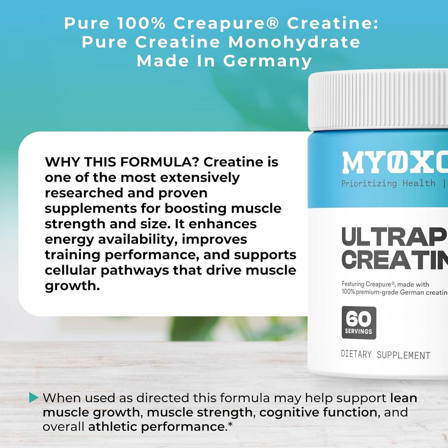 MYOXCIENCE Creapure® Creatine Monohydrate | Supports Strength & Muscle Mass, Cognition and Lean Body Mass | Unflavored (60 Serving Jar)