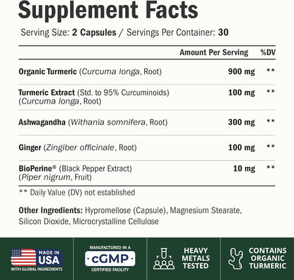 Ashwagandha Capsules with Turmeric & Ginger for Energy, Mood & Joints 60 Ct