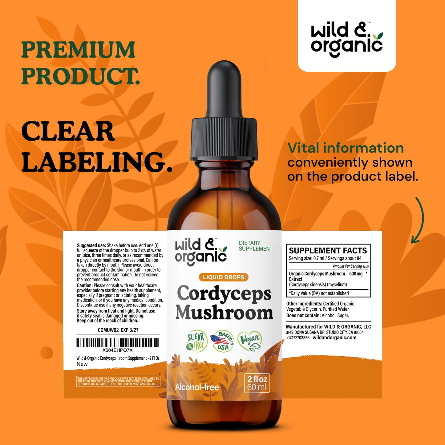 Wild & Organic Cordyceps Mushroom Tincture - Energy & Immune Support - Cordyceps Sinensis Extract Supplement - Liquid Mushroom Drops - Add to Tea & Mix with Powder - Sugar & Alcohol-Free - 4 fl oz