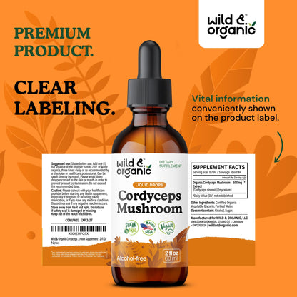 Wild & Organic Cordyceps Mushroom Tincture - Energy & Immune Support - Cordyceps Sinensis Extract Supplement - Liquid Mushroom Drops - Add to Tea & Mix with Powder - Sugar & Alcohol-Free - 4 fl oz