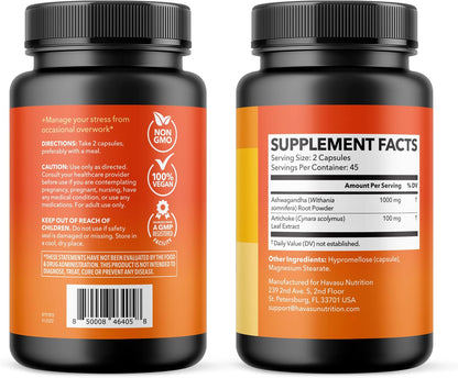 Ashwagandha 1000mg Per Serving with Artichoke Extract, 45 Servings | Ashwagandha Capsules for Stress, Mood and Energy Support, Adaptogenic Herbal Support for Adults, Vegan, Non-GMO, 90 Count