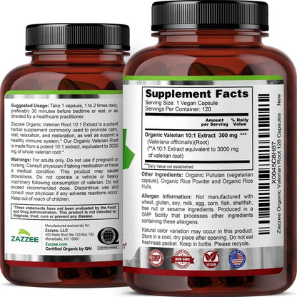 Zazzee USDA Organic Valerian Root 10:1 Extract, 120 Vegan Capsules, 4 Month Supply, Valeriana Officinalis, Relaxation, Calm & Mood Support, All-Natural, Non-GMO, Made in the USA
