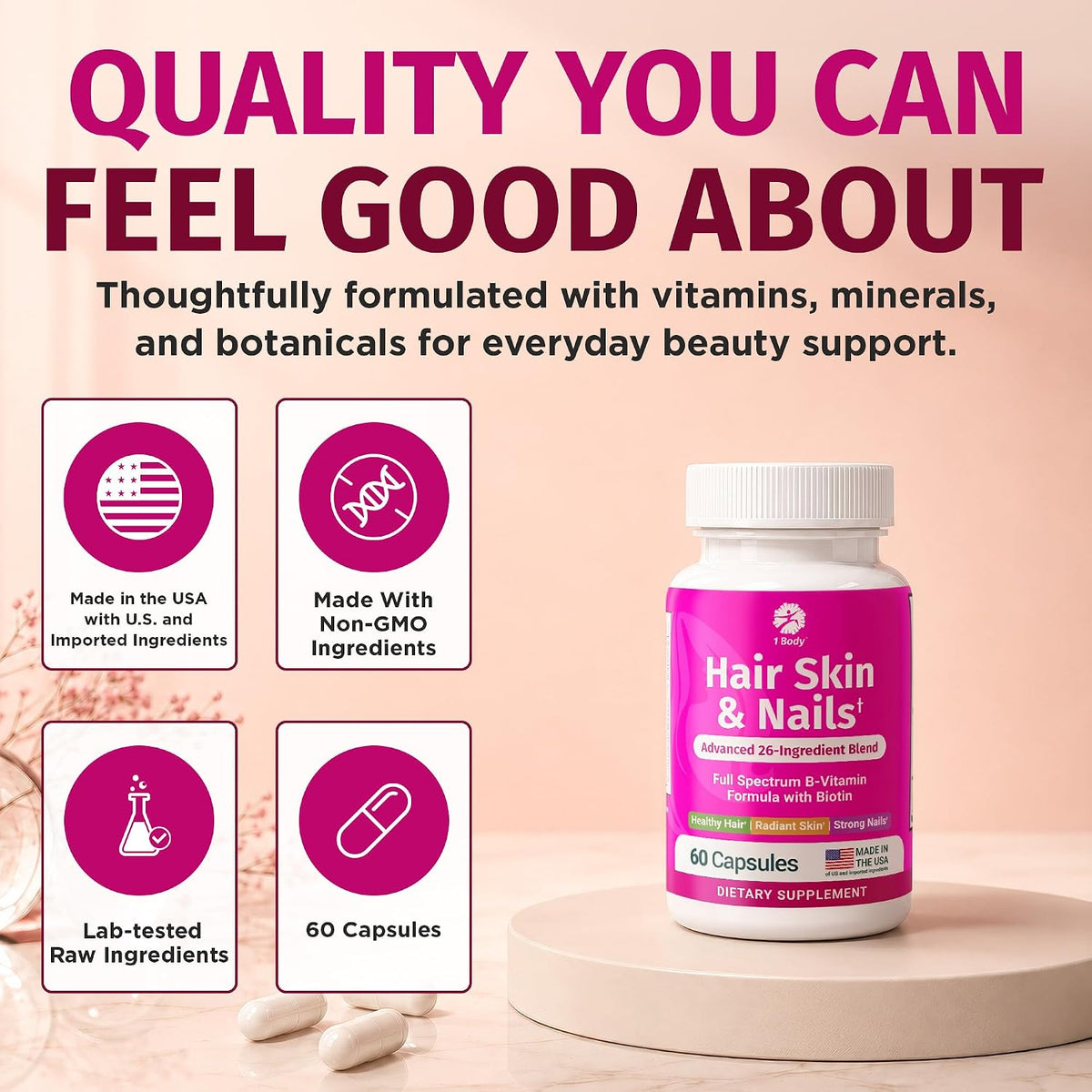 1 Body Hair Skin & Nails with Biotin, Vegan Vitamins, 60 Capsules