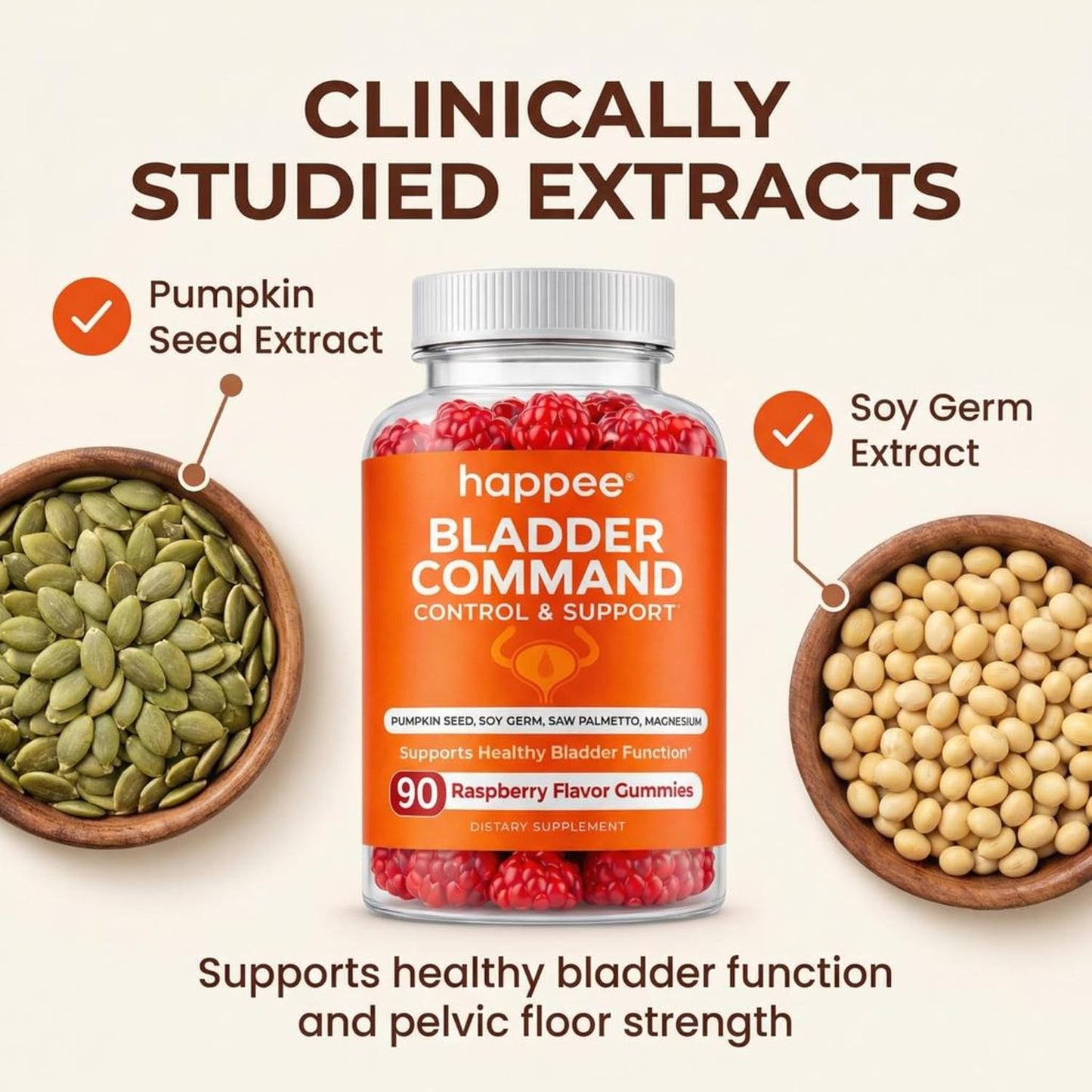 Happee Bladder Control Gummies Supplement Women & Men, Day & Night 90 ct | Daily Bladder Support & Urinary Tract Health, 4-in-1 Pumpkin Seed Extract & Soy Germ, 90 Berry Gummies
