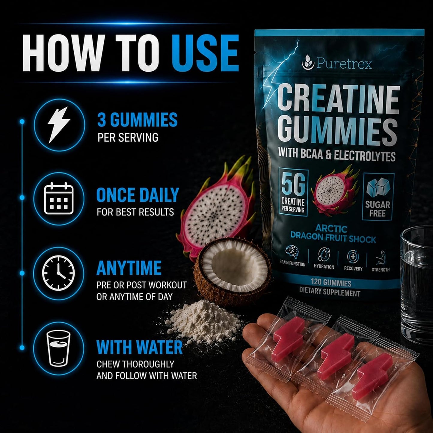 Creatine Gummies with BCAA and Electrolytes, 5g Creatine Monohydrate per Serving, Sugar Free Chews for Muscle Recovery and Hydration, Arctic Dragon Fruit Flavor, Vegan, 120 Count, Made in UK